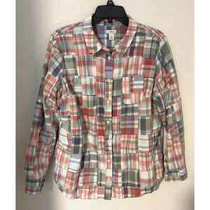 L L Bean Plaid Patchwork Madras Button-Up Shirt Women's 100% Cotton Roll-Tab L